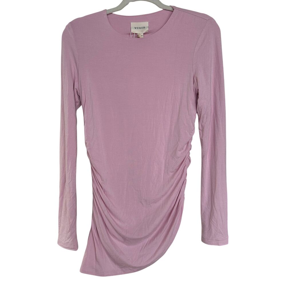 VEILED NY Asymmetric Ruched Jersey Top Petal Pink Long Sleeve S NWT